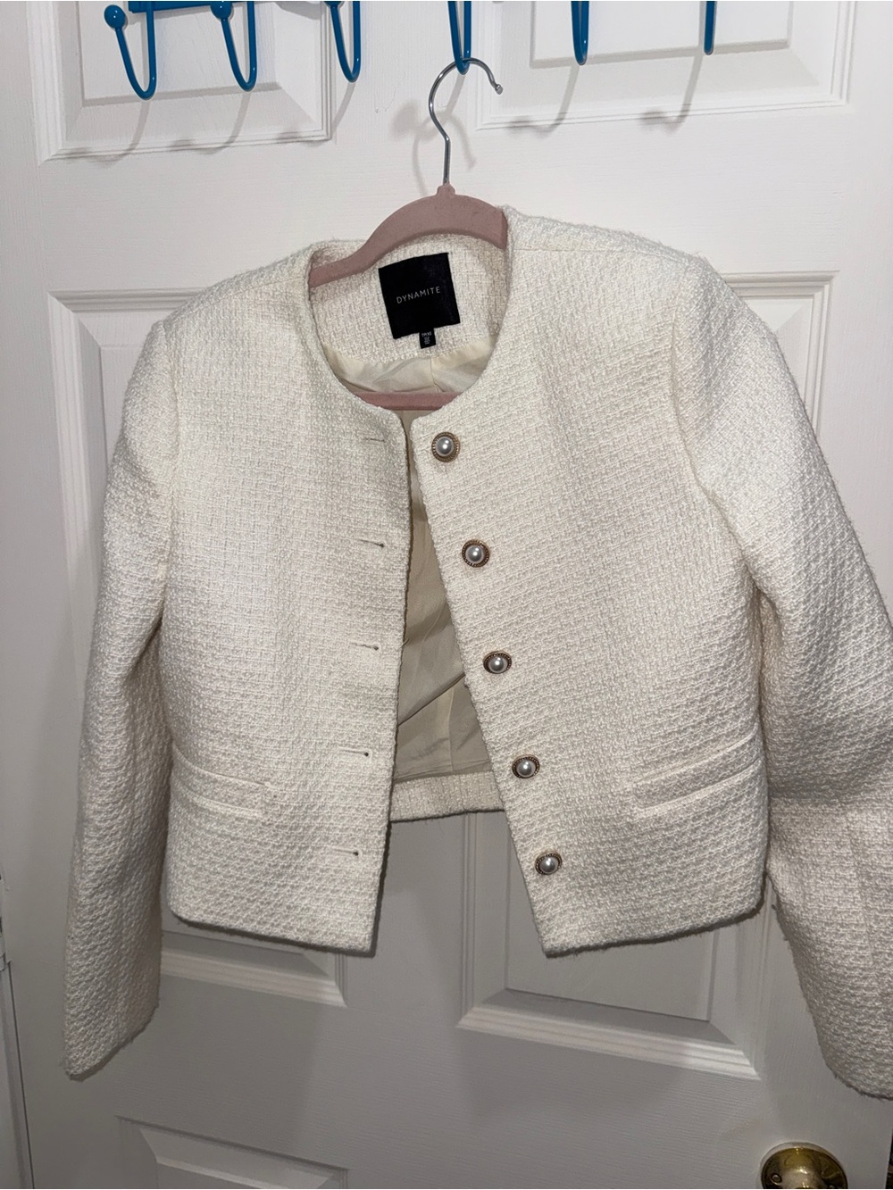 Dynamite Cream Bouclé Collarless Blazer with Pearl Buttons - Picture 2 of 3